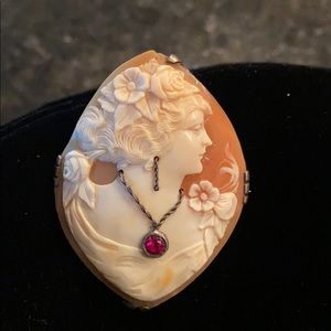 Vintage Carved Shell Cameo Brooch with Red Stone. Sterling Pin Backing